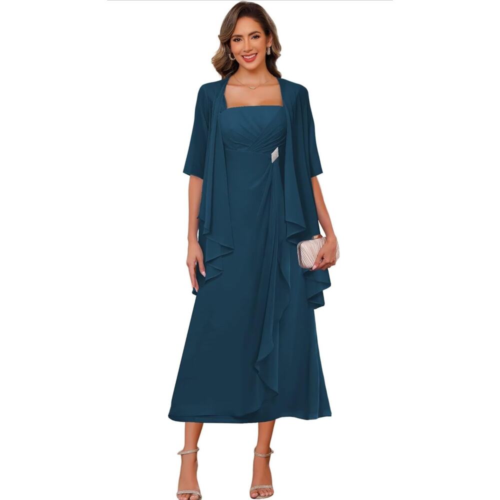 Teal 2 Piece Chiffon Mother of The Bride Dress Ruffle Formal Evening Dress